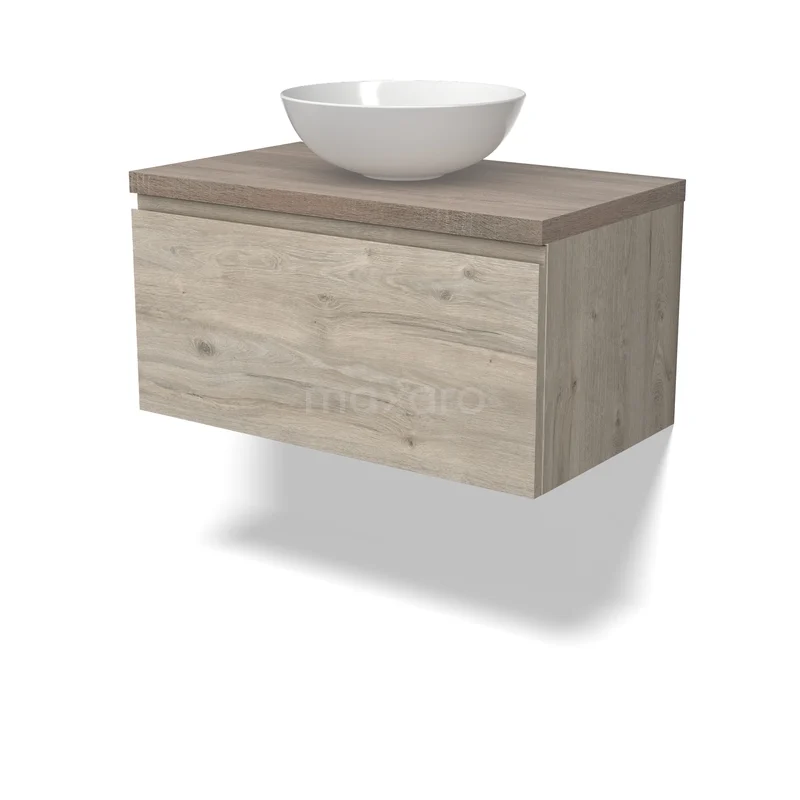 Houten badkamermeubel met zwevend ontwerp, eikenhout finish en witte ronde waskom, ideaal voor moderne badkamerstijlen.