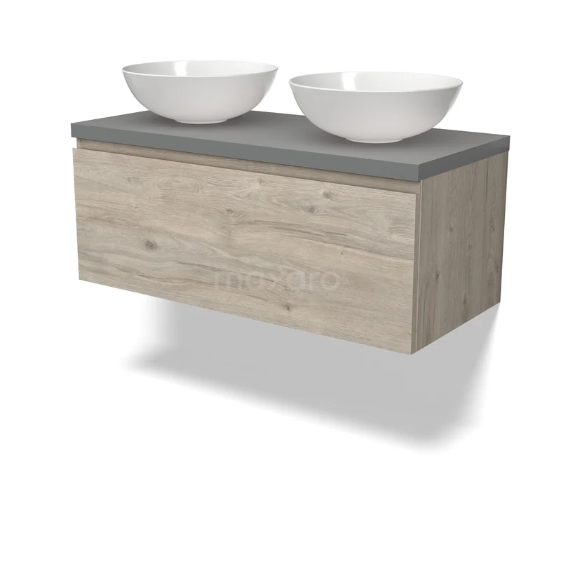 Modulo Plato Vanity units for countertop basin | 100 cm Light grey oak Handle-less front Mid grey worktop 1 drawer BMK11-02996 Houten badkamermeubel met dubbel wastafelblad in grijs betonlook, inclusief twee witte komvormige wastafels.