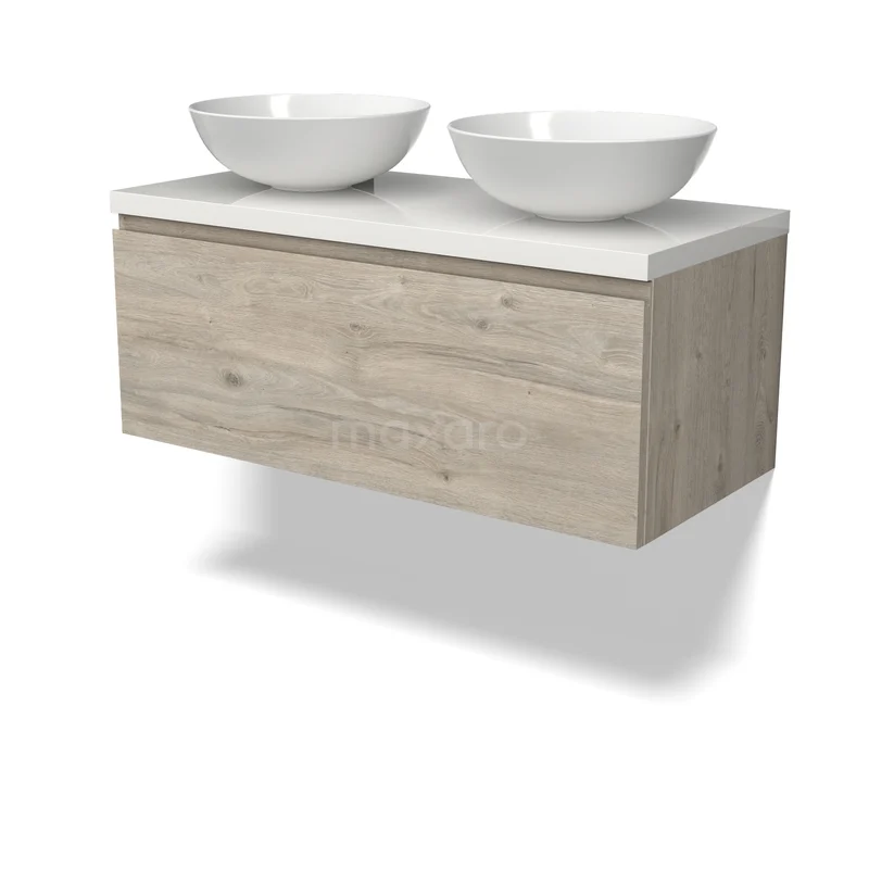 Modulo Plato Vanity units for countertop basin | 100 cm Light grey oak Handle-less front High-gloss white worktop 1 drawer BMK11-02997 Hangend badkamermeubel in licht hout met witte dubbele waskommen, minimalistisch design, ideaal voor moderne badkamers.
