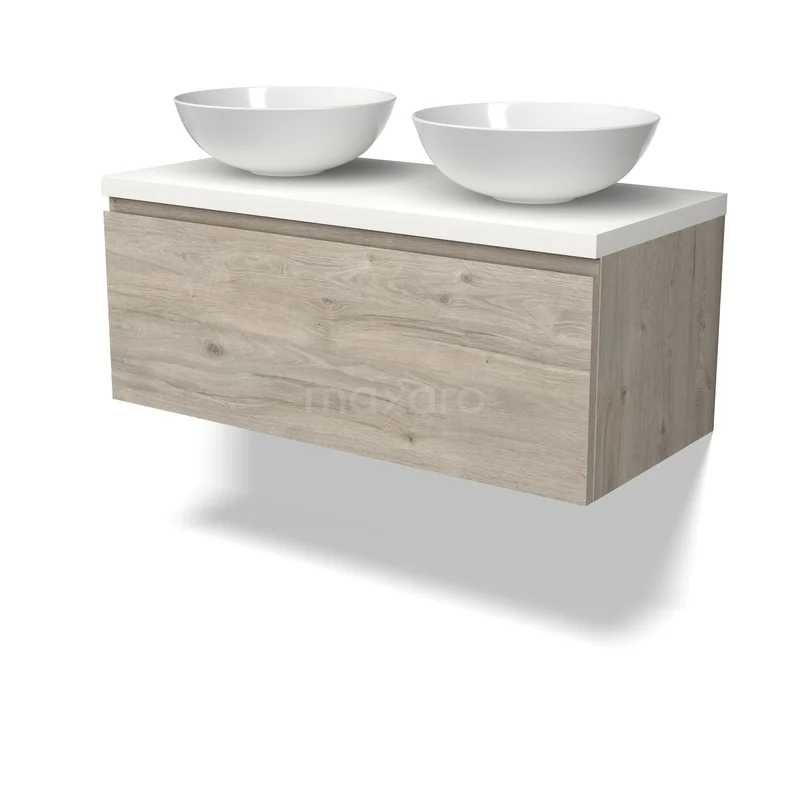Modulo Plato Vanity units for countertop basin | 100 cm Light grey oak Handle-less front Matte white worktop 1 drawer BMK11-02998 Houten badkamermeubel met zwevend design en dubbele witte waskommen, ideaal voor een moderne badkamerstijl.