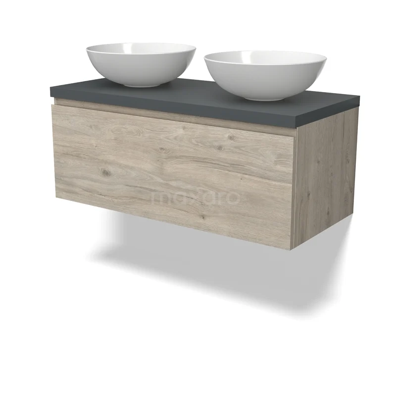 Modulo Plato Vanity units for countertop basin | 100 cm Light grey oak Handle-less front Dark grey worktop 1 drawer BMK11-02999 Houten badkamermeubel met grijs blad en dubbele ronde waskommen, modern zwevend design voor stijlvolle badkamers.