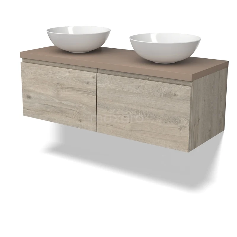 Modulo Plato Vanity units for countertop basin | 120 cm Light grey oak Handle-less front Taupe worktop 2 Side-by-side drawers BMK12-02148 Houten badkamermeubel met twee witte keramische waskommen, zwevend ontwerp, inclusief lades en modern natuurlijk eikenafwerking.