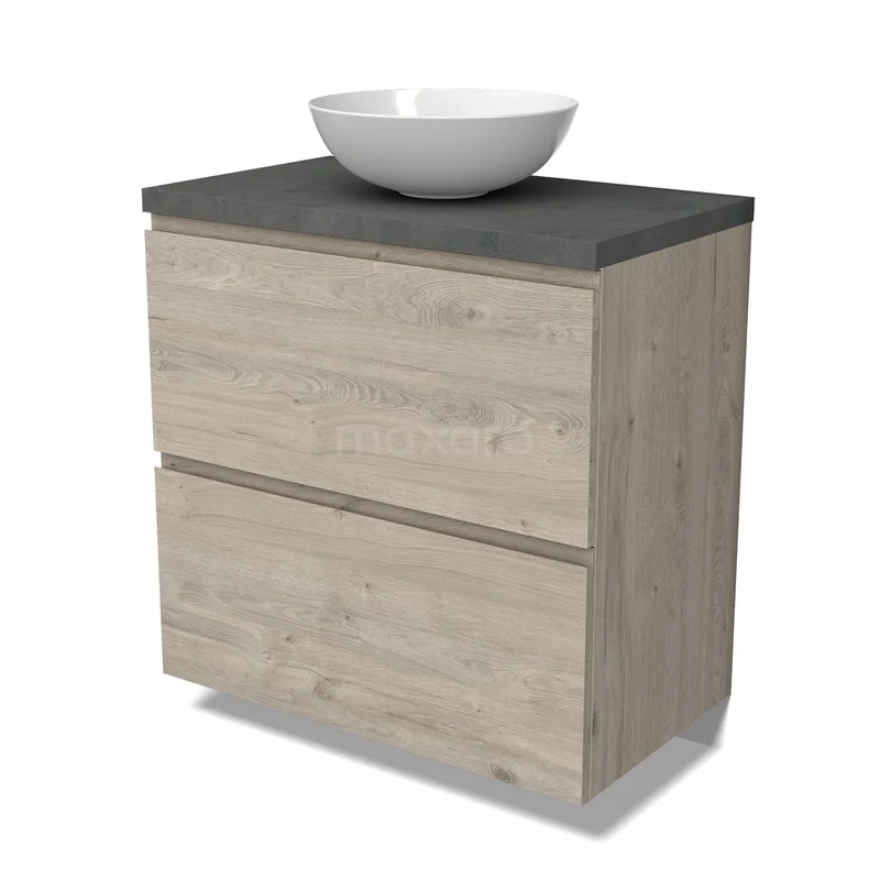 Modulo Plato Vanity units for countertop basin | 80 cm Light grey oak Handle-less front Dark grey concrete worktop 2 stacked drawers under each other BMK13-01166 Houten badkamermeubel met twee lades, donkergrijs blad en witte waskom, modern design voor een stijlvolle badkamer.