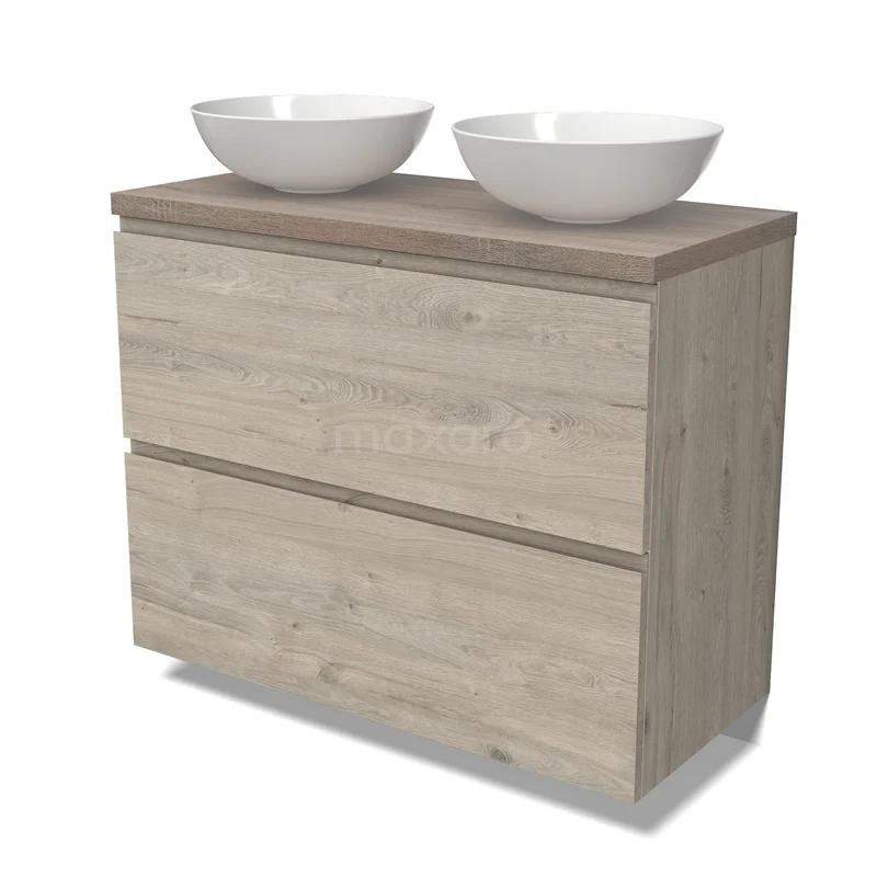 Modulo Plato Vanity units for countertop basin | 100 cm Light grey oak Handle-less front Oak worktop 2 stacked drawers under each other BMK13-01176 Houten badkamermeubel met dubbele waskommen, licht eiken afwerking, modern ontwerp met twee greeploze lades.