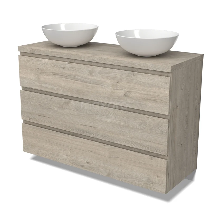 Waschbeckenmöbel Modulo BMK19-01771 Holz-Badmöbel mit doppeltem Aufsatzwaschbecken, hell Eiche, klare Formgebung, ideal für eine moderne Badezimmer Einrichtung.