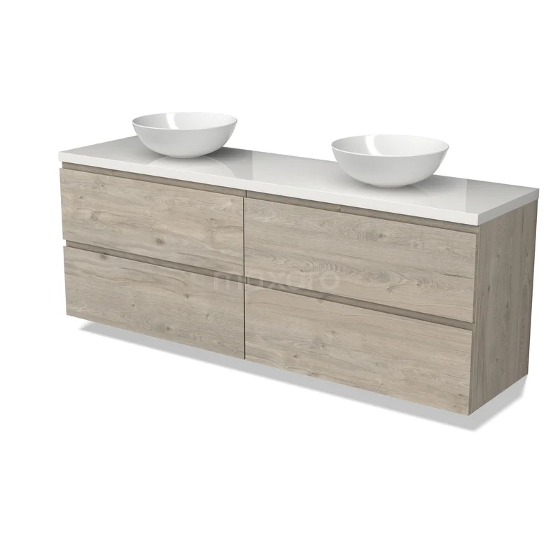 Modulo Plato Vanity units for countertop basin | 180 cm Light grey oak Handle-less front High-gloss white worktop 4 drawers BMK18-02465 Houten badkamermeubel met twee witte wastafels, vier lades en modern design, perfect voor stijlvolle badkamers.
