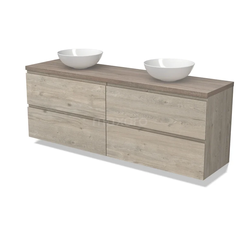 Houten badkamermeubel met beige houtlook, wit blad en dubbele waskom; modern design, perfect voor stijlvolle badkamers.