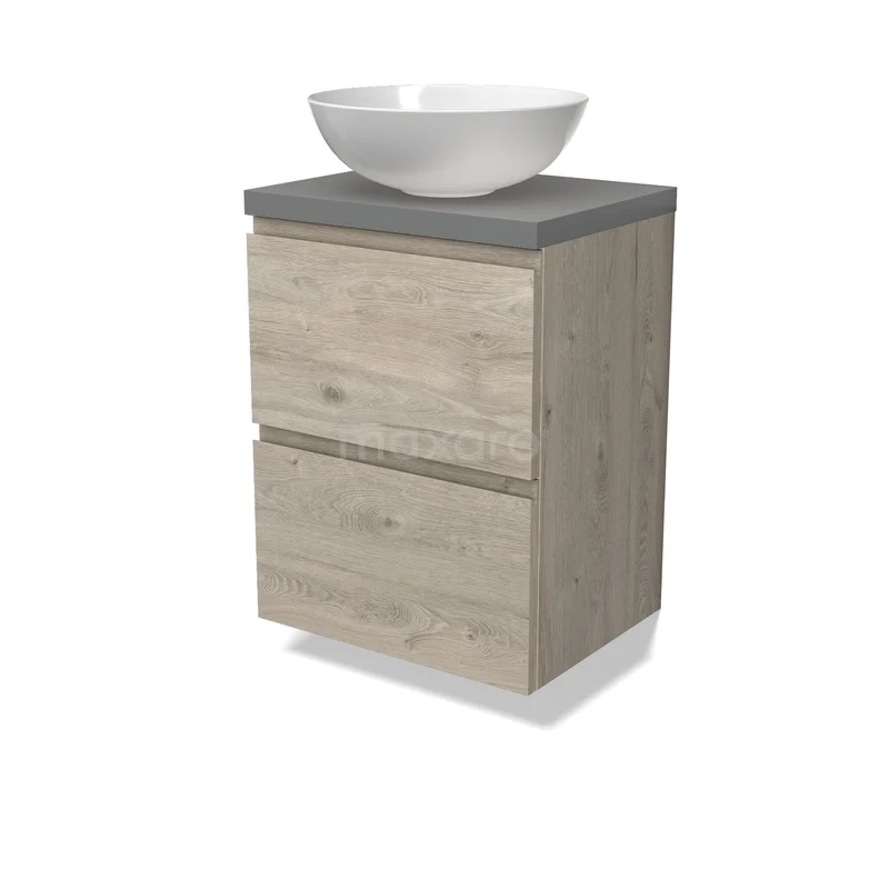 Modulo Plato Waschtischunterschrank mit Konsole BMK37-03064 Holz-Badmöbel mit zwei Schubladen, graue Betonplatte und weißem, schalenförmigem Waschbecken, ideal für ein modernes Badezimmer.