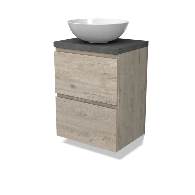 Modulo Plato Vanity units for countertop basin | 50 cm Light grey oak Handle-less front Dark grey concrete worktop 2 Stacked drawers BMK37-03075 Houten badkamermeubel met twee lades, matgrijze top en een witte keramische waskom, compact design voor moderne badkamers.