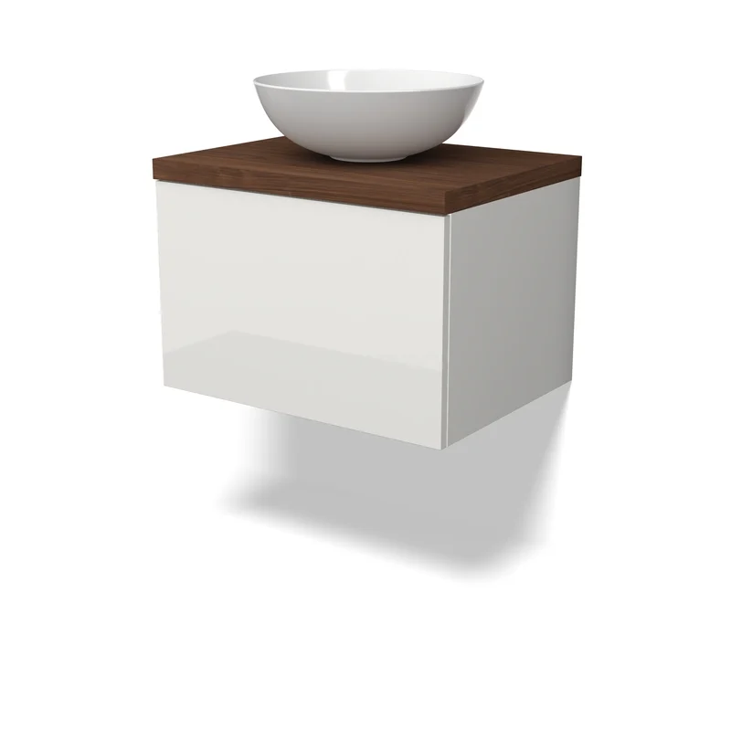 Modulo Plato Badkamermeubel voor waskom | 60 cm Hoogglans wit Vlak front Walnoot blad 1 lade BMK11-03018 Witte badkamermeubelset met wandkast, houtlook blad en ronde keramische wastafel. Elegant en compact ontwerp.