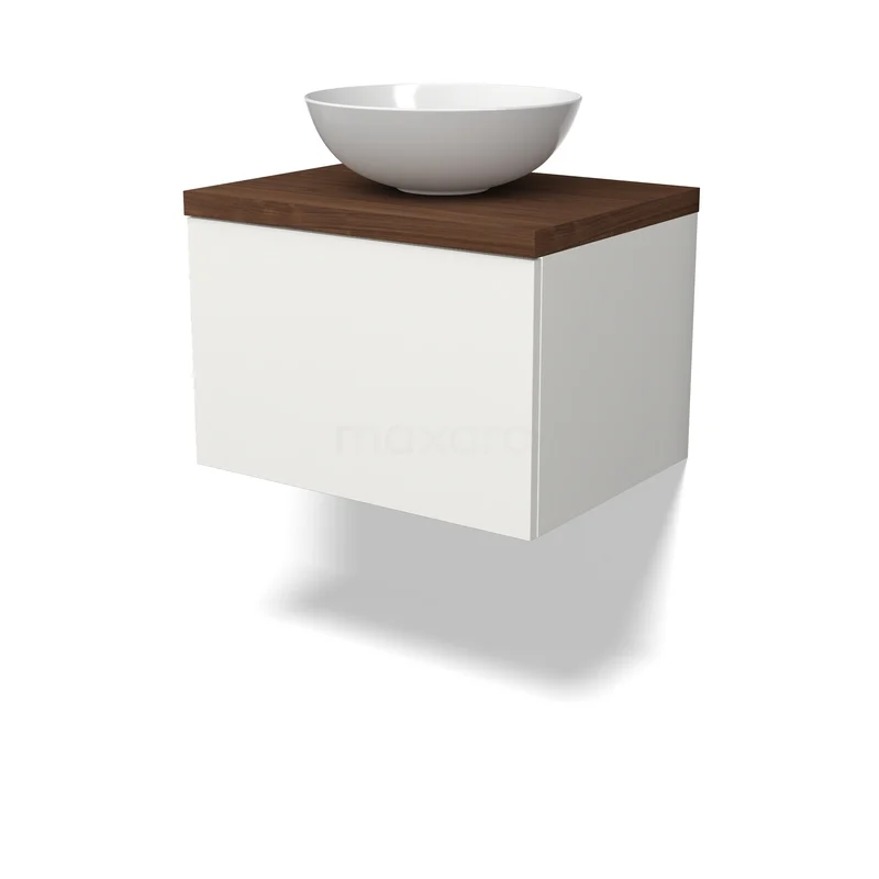 Modulo Plato Badkamermeubel voor waskom | 60 cm Mat wit Vlak front Walnoot blad 1 lade BMK11-03020 Wit hangend badkamermeubel met houten blad en ronde waskom, modern design, ruimtebesparend en stijlvol.