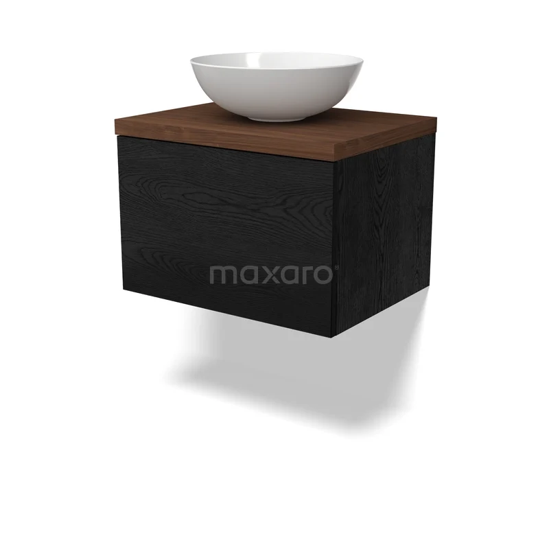 Modulo Plato Badkamermeubel voor waskom | 60 cm Zwart eiken Vlak front Walnoot blad 1 lade BMK11-03026 Zwevend zwart badkamermeubel met houtlook blad en ronde witte waskom. Minimalistisch design, perfect voor moderne badkamers.
