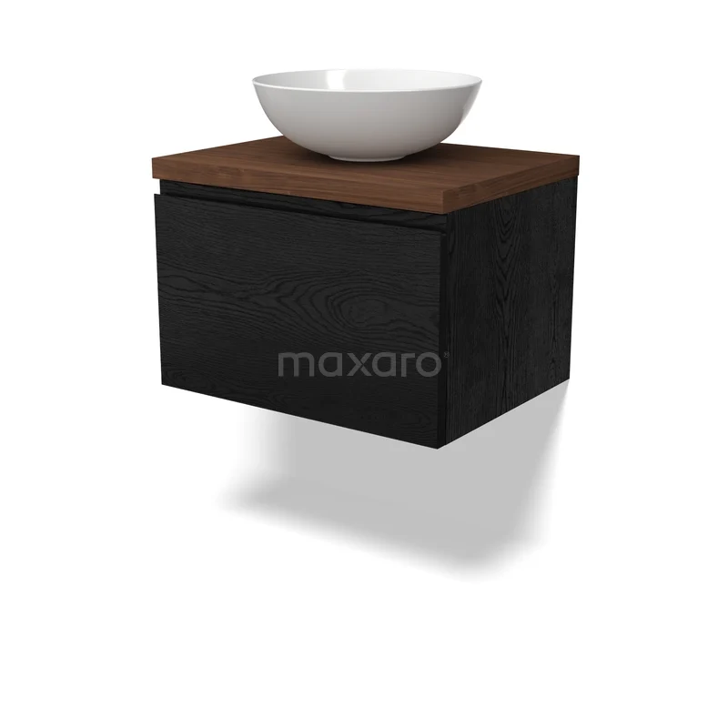 Modulo Plato Badkamermeubel voor waskom | 60 cm Zwart eiken Greeploos front Walnoot blad 1 lade BMK11-03027 Zwevend zwart badkamermeubel met houtkleurig blad en witte waskom, modern design van de Luxe-serie.