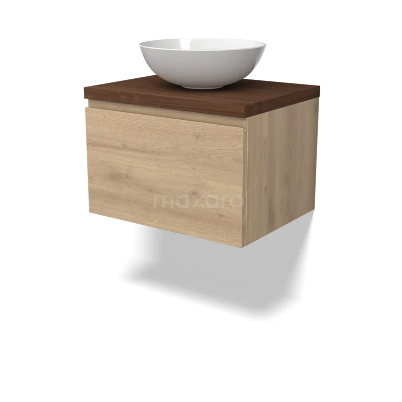 Modulo Plato Badkamermeubel voor waskom | 60 cm Lichtbruin eiken Greeploos front Walnoot blad 1 lade BMK11-03033 Houten badkamermeubel met hangende ladekast, donkerbruin blad en ronde witte waskom; modern en compact ontwerp.