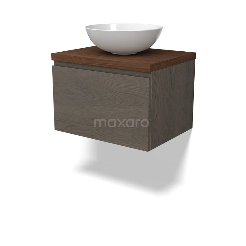 Modulo Plato Vanity units for countertop basin | 60 cm Dark brown oak Handle-less front Walnut worktop 1 drawer BMK11-03037 Hangend badkamermeubel met houtlook, donkergrijze kast en witte wastafelkom, ideaal voor moderne badkamerinrichting.