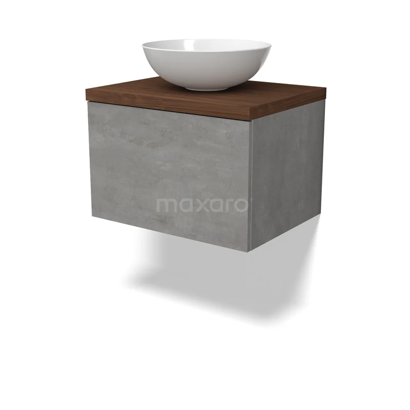 Modulo Plato Vanity units for countertop basin | 60 cm Light grey concrete Flat front Walnut worktop 1 drawer BMK11-03038 Zwevende grijze betonnen wastafelonderkast met houten blad en witte keramische waskom, ideaal voor moderne badkamerinrichting.