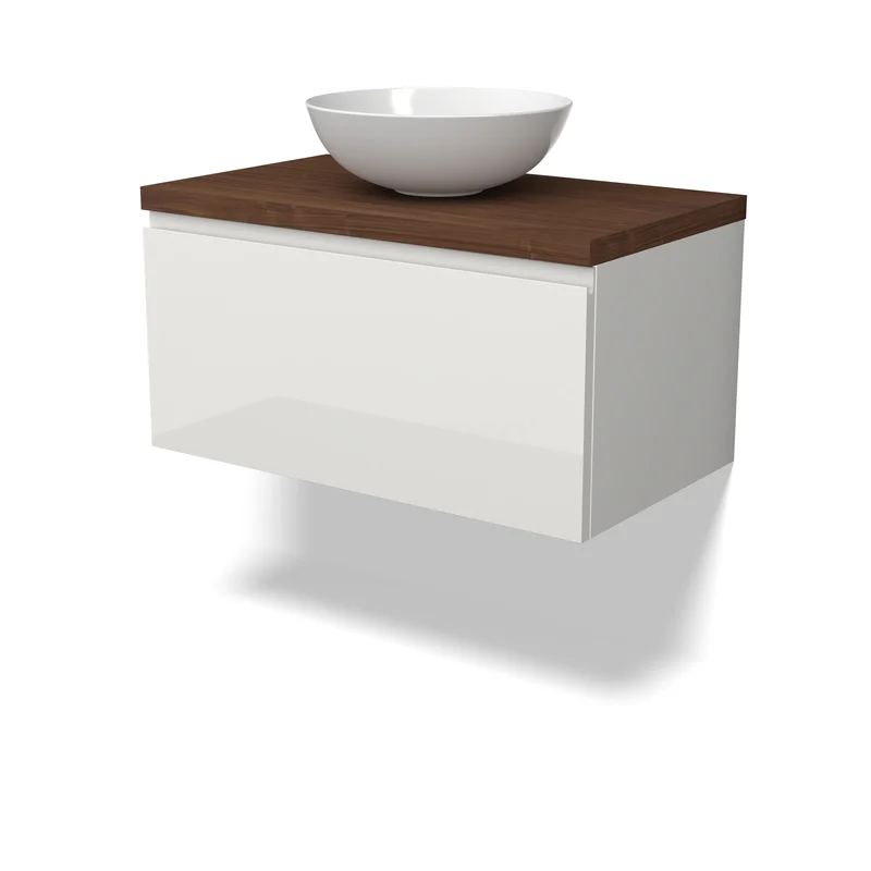 Modulo Plato Vanity units for countertop basin | 80 cm High-gloss white Handle-less front Walnut worktop 1 drawer BMK11-03049 Wit badkamermeubel met zwevend ontwerp, houtlook blad en ronde witte waskom, ideaal voor moderne badkamerinrichtingen.