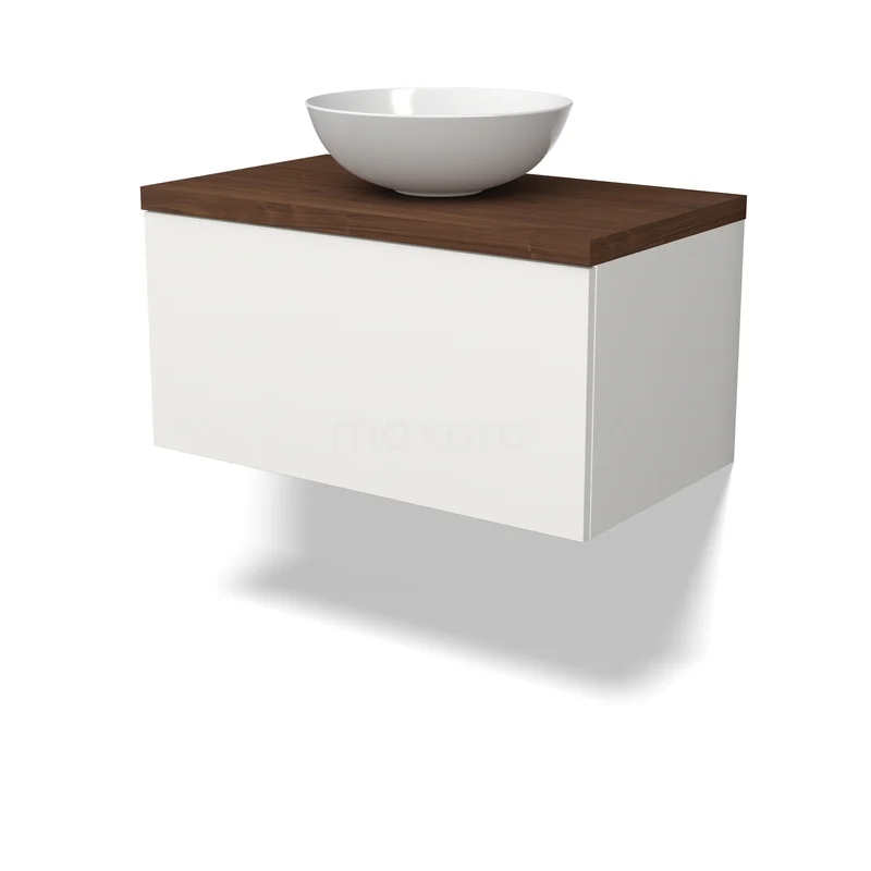 Modulo Plato Vanity units for countertop basin | 80 cm Matte white Flat front Walnut worktop 1 drawer BMK11-03050 Wit hangend badkamermeubel met keramische kom en houtfineer blad, ruimtebesparend design voor moderne badkamers.