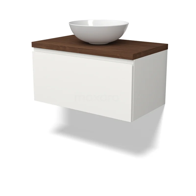 Modulo Plato Badkamermeubel voor waskom | 80 cm Mat wit Greeploos front Walnoot blad 1 lade BMK11-03051 Wit zwevend badkamermeubel met een donkerhouten blad en een ronde keramische opzetwastafel, modern en ruimtebesparend ontwerp.