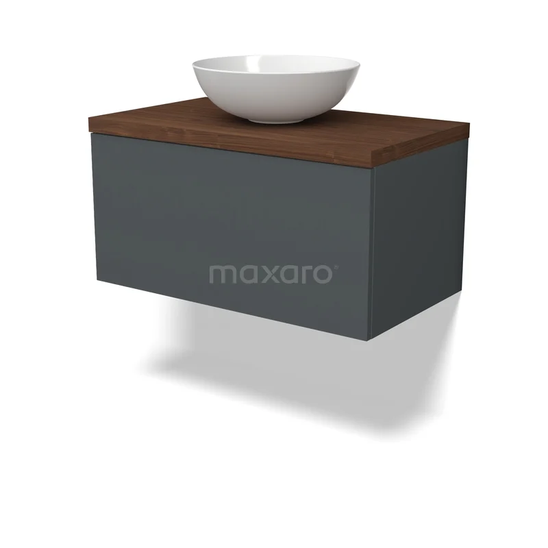 Modulo Plato Badkamermeubel voor waskom | 80 cm Donkergrijs Vlak front Walnoot blad 1 lade BMK11-03052 Grijze hangende badkamerkast met houten blad en witte wastafelkom, moderne stijl geschikt voor badkameropslag.