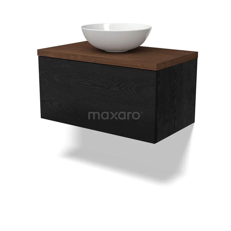 Waschbeckenmöbel Modulo BMK11-03056 Wandhängendes Badezimmermöbel aus schwarzem Holz mit Waschbecken, modernes Design, mit warmbrauner Platte aus hochwertigem Furnier.