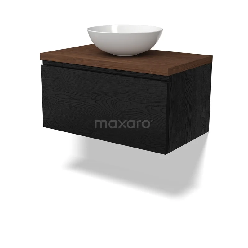 Modulo Plato Badkamermeubel voor waskom | 80 cm Zwart eiken Greeploos front Walnoot blad 1 lade BMK11-03057 Zwarte hangende badkamerkast met houten blad en moderne, witte opbouw wastafel. Eigentijds design voor stijlvolle badkamers.