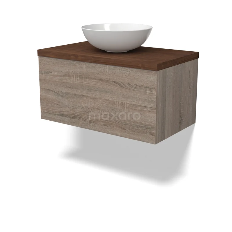 Modulo Plato Badkamermeubel voor waskom | 80 cm Eiken Vlak front Walnoot blad 1 lade BMK11-03058 Houten badkamermeubel met hangende wastafel, donkerhouten top en moderne witte keramische waskom, ideaal voor compacte badkamers.