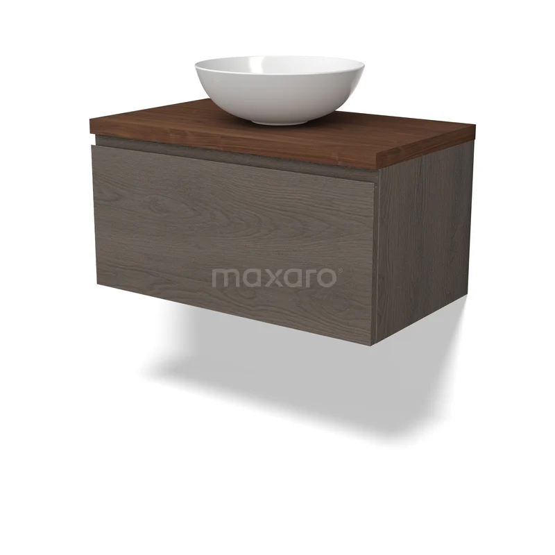 Modulo Plato Badkamermeubel voor waskom | 80 cm Donkerbruin eiken Greeploos front Walnoot blad 1 lade BMK11-03067 Houten badkamermeubel met wandmontage in walnootkleur, wit keramische opbouwkom en softclose lade.