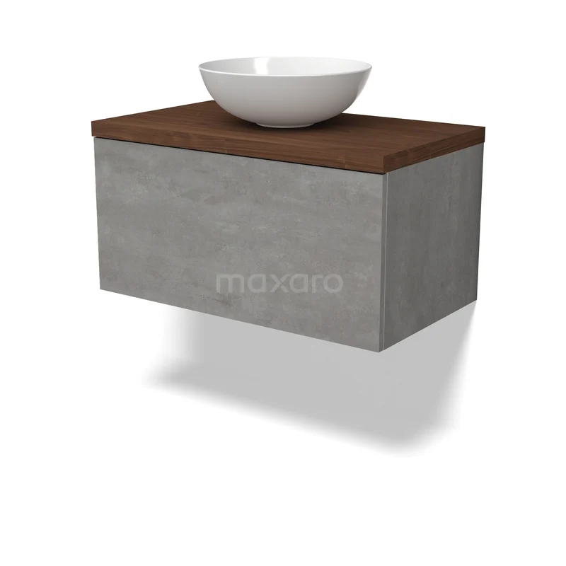 Modulo Plato Badkamermeubel voor waskom | 80 cm Lichtgrijs beton Vlak front Walnoot blad 1 lade BMK11-03068 Betonlook badkamermeubel met houten blad en witte opbouwwaskom, modern design voor een stijlvolle badkamer.