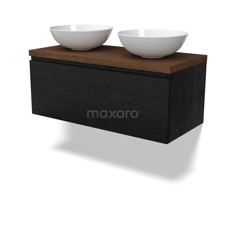 Modulo Plato Badkamermeubel voor waskom | 100 cm Zwart eiken Greeploos front Walnoot blad 1 lade BMK11-03087 Zwevend zwart eiken badkamermeubel met dubbele witte waskommen en warme houten blad, modern design voor badkamerstijl.