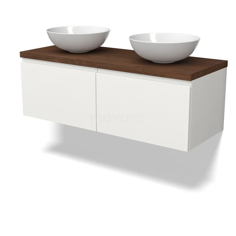 Waschbeckenmöbel Modulo BMK12-02191 Weißes hängendes Badmöbel mit Holzplatte und zwei runden Waschbecken, modernes Design für ein stilvolles Badezimmer.