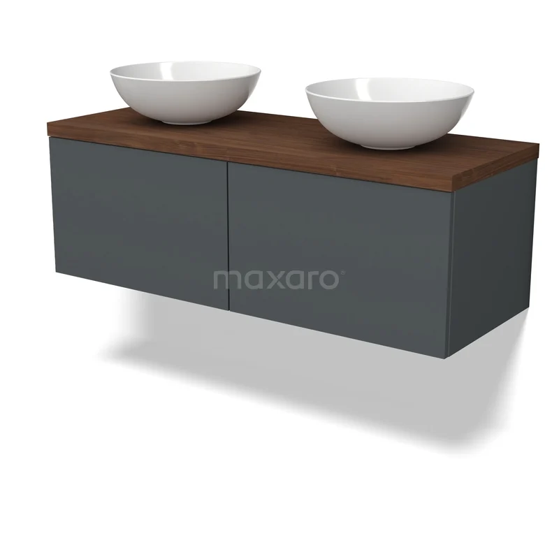 Waschbeckenmöbel Modulo BMK12-02192 Dunkelgraue schwebende Badmöbelset mit Walnussplatte und doppeltem weißen Aufsatzwaschbecken, moderne und klare Ausstrahlung.