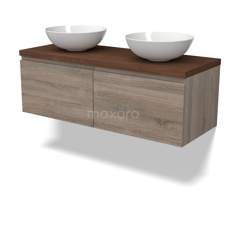 Modulo Plato Badkamermeubel voor waskom | 120 cm Eiken Greeploos front Walnoot blad 2 lades naast elkaar BMK12-02199 Houten badkamermeubel met twee witte keramische waskommen, wandmontage en stijlvolle houtnerfafwerking.