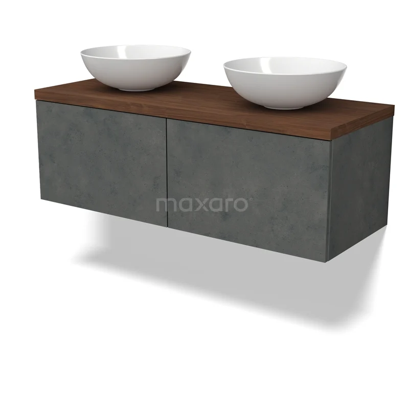 Waschbeckenmöbel Modulo BMK12-02210 Zwevende Badmöbel Betonlook mit Holz Platte und doppelten weißen Aufsatzwaschbecken, modernes und stilvolles Design.