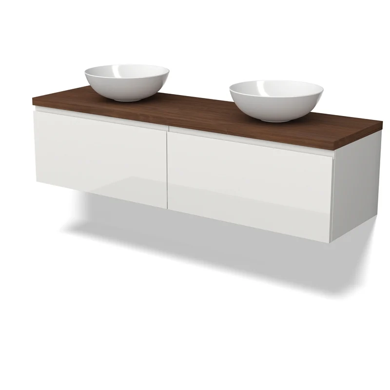 Modulo Plato Vanity units for countertop basin | 160 cm High-gloss white Handle-less front Walnut worktop 2 Side-by-side drawers BMK12-02219 Wandhangend wit badkamermeubel met houten blad en twee opbouw waskommen, modern design.