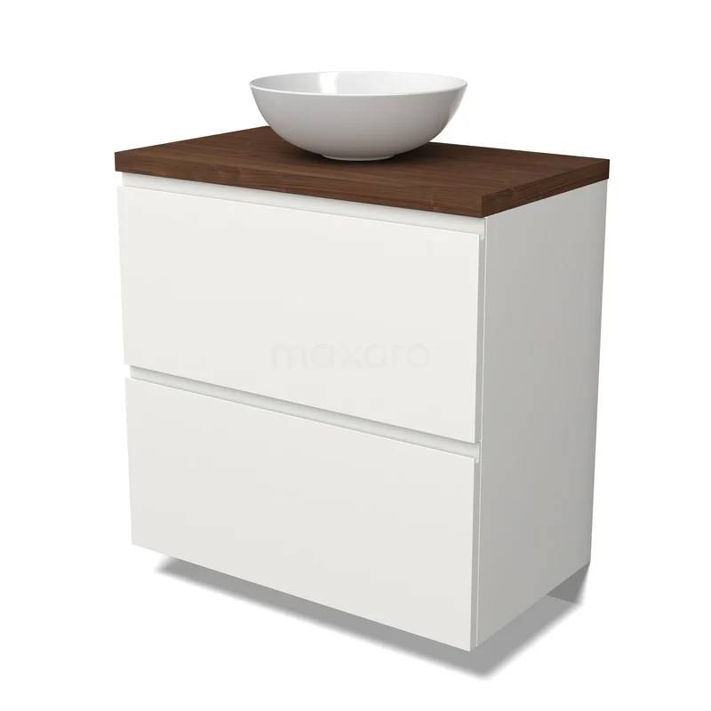 Modulo Plato Badkamermeubel voor waskom | 80 cm Mat wit Greeploos front Walnoot blad 2 hoge lades onder elkaar BMK13-01190 Wit badkamermeubel met twee lades, houten bovenblad en ronde wastafel; modern design, ideaal voor praktische badkameropslag.