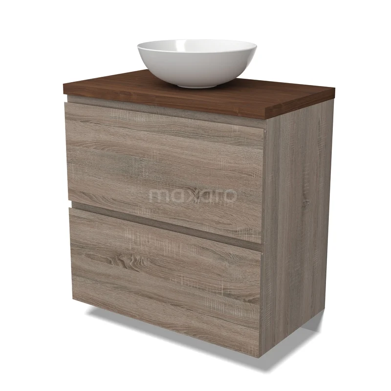 Modulo Plato Badkamermeubel voor waskom | 80 cm Eiken Greeploos front Walnoot blad 2 hoge lades onder elkaar BMK13-01194 Houten badkamermeubel met twee lades, bruin blad en witte komvormige wasbak; modern design met natuurlijke uitstraling.