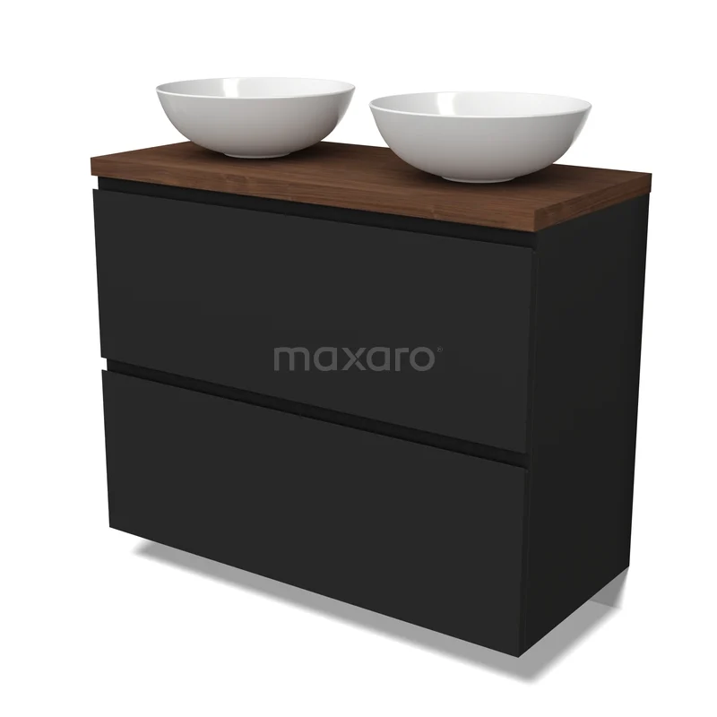 Waschbeckenmöbel Modulo BMK13-01208 Schwarzer Badschrank mit Holzlook Waschtischplatte und doppelten weißen Aufsatzwaschbecken, modernes Design für zeitgemäße Bäder.