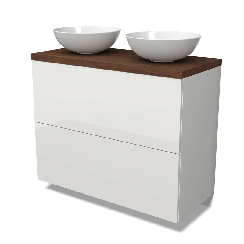 Modulo Plato Badkamermeubel voor waskom | 100 cm Hoogglans wit Vlak front Walnoot blad 2 hoge lades onder elkaar BMK13-01209 Wit badkamermeubel met dubbele waskom, houten bovenblad en zachte sluitlade, ideaal voor moderne badkamers.