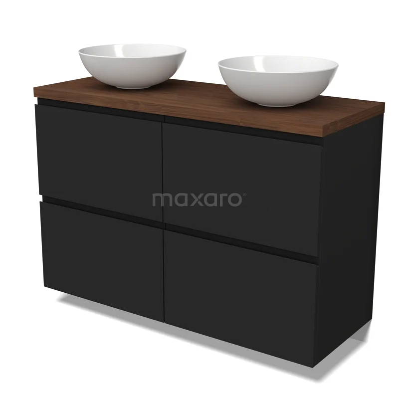 Modulo Plato Badkamermeubel voor waskom | 120 cm Mat zwart Greeploos front Walnoot blad 4 hoge lades BMK14-00941 Zwart badkamermeubel met dubbele waskommen, houten blad en moderne uitstraling voor een stijlvolle badkamerinrichting.