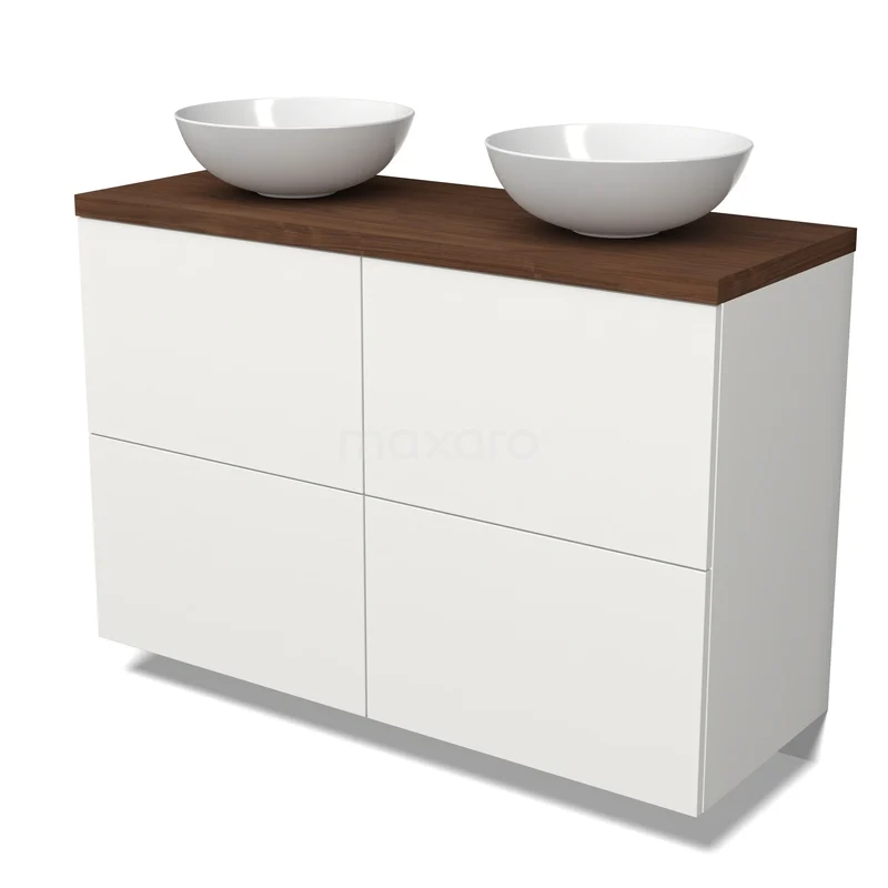 Wit badkamermeubel met mat oppervlak, houten blad en dubbele waskommen, modern design voor een stijlvolle badkamer.