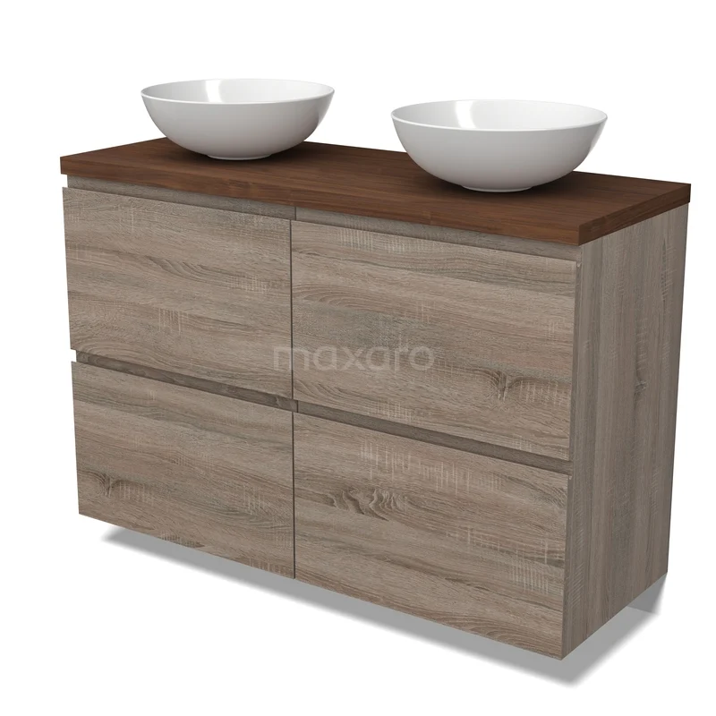 Modulo Plato Vanity units for countertop basin | 120 cm Oak Handle-less front Walnut worktop 4 high drawers BMK14-00949 Houten badkamermeubel met dubbele waskom, modern ontwerp, vier lades en een stevige donkerhouten bovenblad.