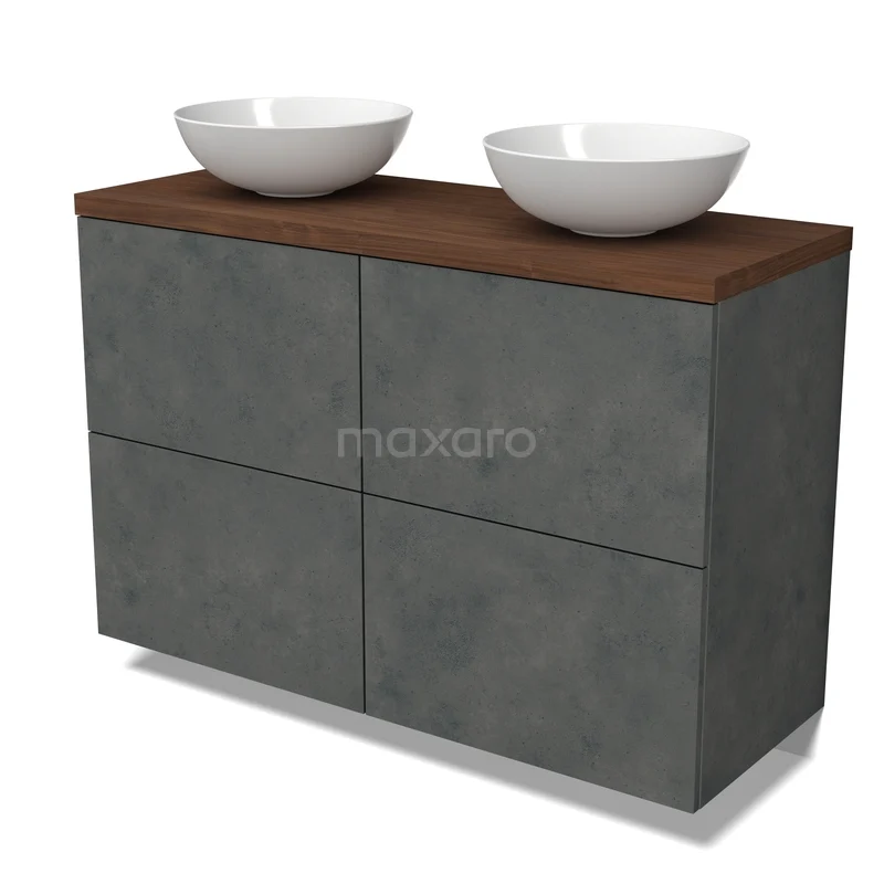 Modulo Plato Vanity units for countertop basin | 120 cm Dark grey concrete Flat front Walnut worktop 4 high drawers BMK14-00960 Grijze badkamermeubelset met betonlook, houten blad en twee witte waskommen, modern design.