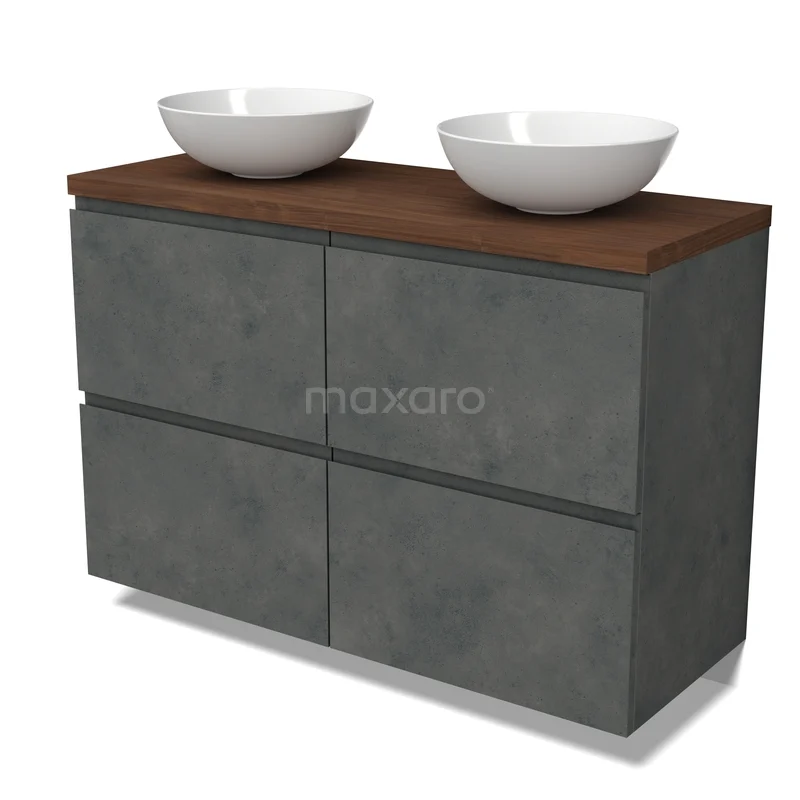 Modulo Plato Vanity units for countertop basin | 120 cm Dark grey concrete Handle-less front Walnut worktop 4 high drawers BMK14-00961 Grijze badkamermeubel met betonnen look, houten bovenblad en twee witte wastafels, ideaal voor moderne badkamers.