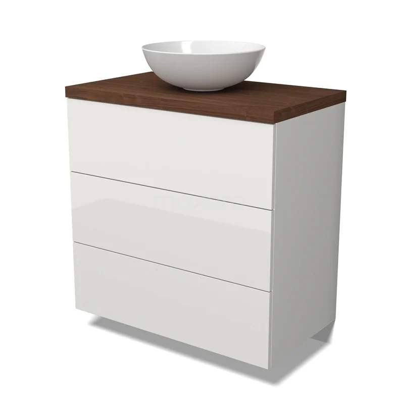 Modulo Plato Badkamermeubel voor waskom | 80 cm Hoogglans wit Vlak front Walnoot blad 3 lades BMK19-01781 Wit badkamermeubel met drie lades, houten blad en ronde waskom, modern design, ideaal voor stijlvolle badkamerinrichting.