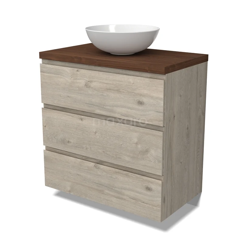 Badkamermeubel met wastafel, licht hout, donker houten blad, drie lades. Modern ontwerp, ideaal voor stijlvolle badkamerinrichting.