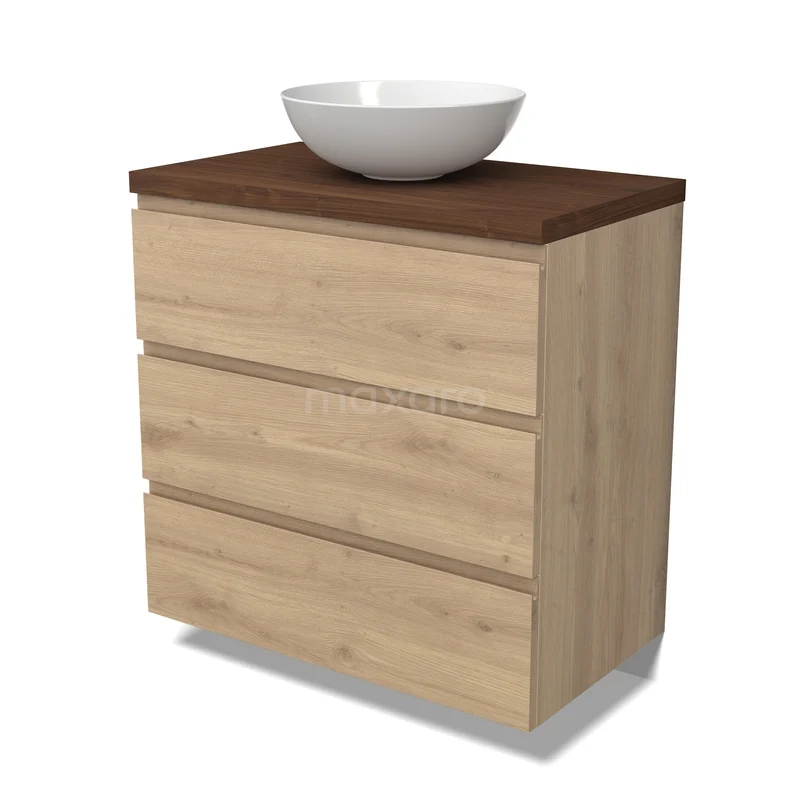 Houten badkamermeubel met drie lades, donkerhouten blad en witte ronde wastafel; modern en stijlvol design.