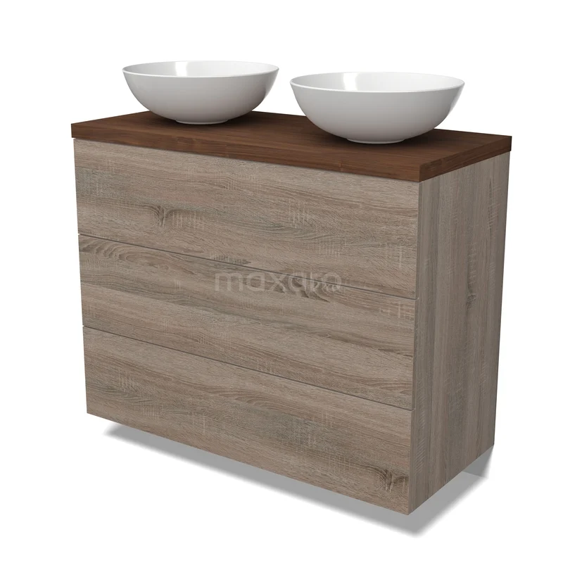 Houten wastafelmeubel met dubbele witte waskommen, eikenlook afwerking en donkerbruin blad, ideaal voor moderne badkamers.
