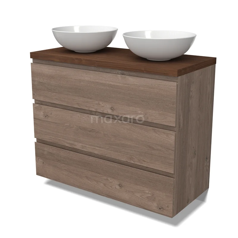 Modulo Plato Vanity units for countertop basin | 100 cm Mid brown oak Handle-less front Walnoot worktop 3 drawers BMK19-01816 Houten badkamermeubel met twee witte waskommen, moderne stijl, warme houttint en strak design voor een stijlvolle badkamer.