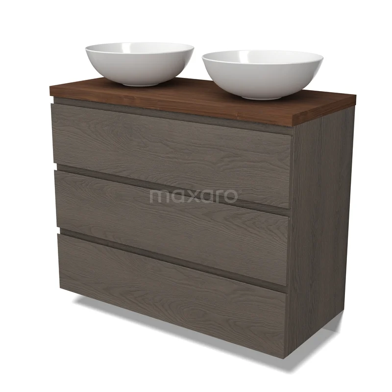 Modulo Plato Vanity units for countertop basin | 100 cm Dark brown oak Handle-less front Walnoot worktop 3 drawers BMK19-01818 Bruin houten wastafelmeubel met dubbele witte opzetkommen, modern design, ideaal als stijlvolle badkameroplossing.